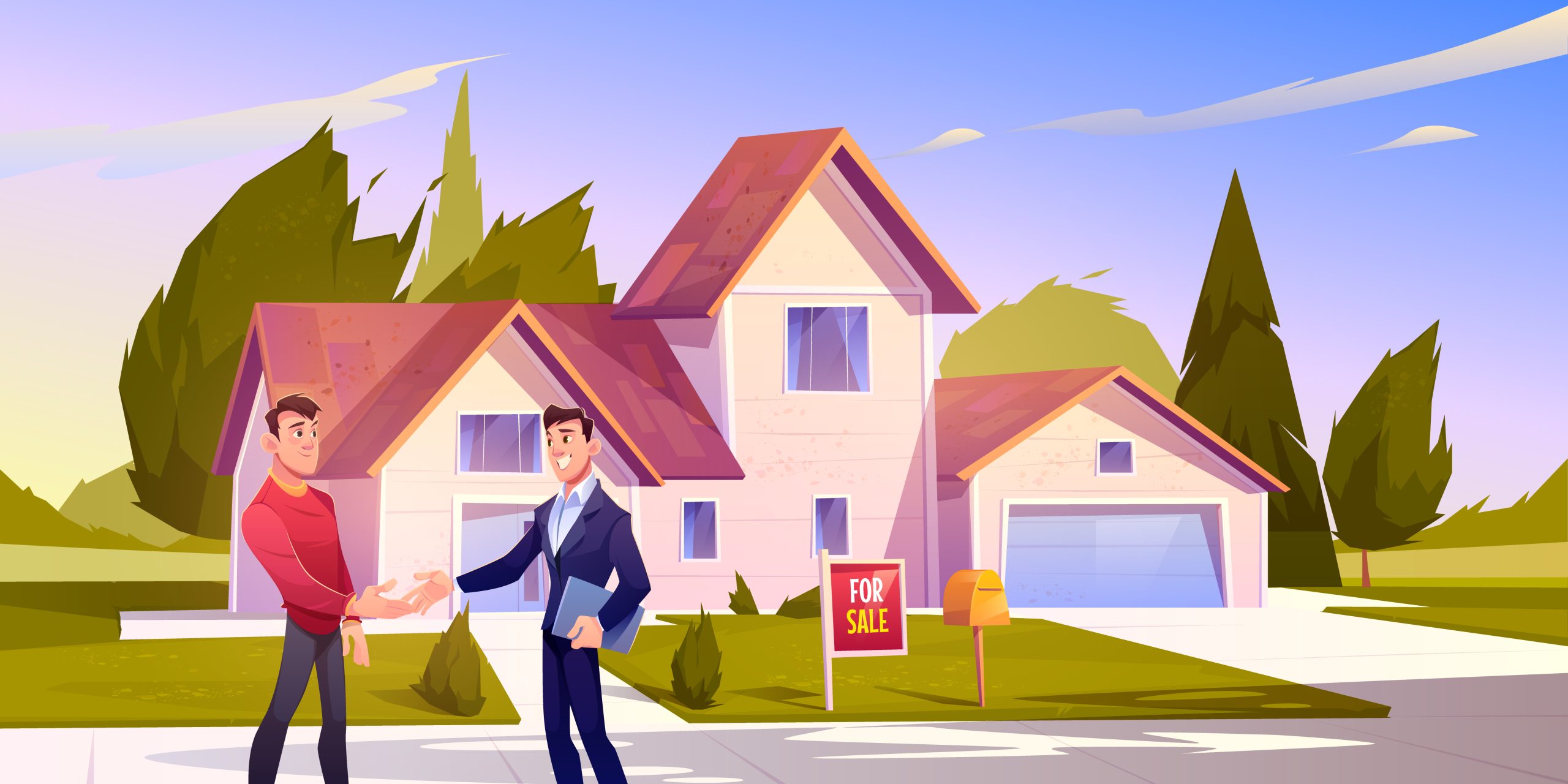 House sale deal. Realtor shaking hand with home owner standing at front yard of residential building, smiling agent conducting real estate transaction. Man sell cottage. Cartoon vector illustration